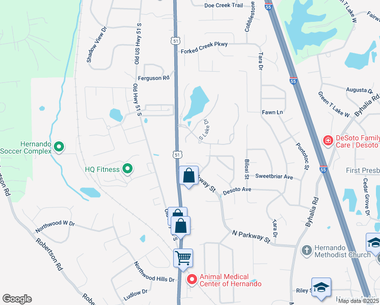 map of restaurants, bars, coffee shops, grocery stores, and more near 1340 Highway 51 South in Hernando
