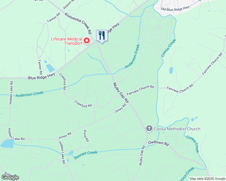 map of restaurants, bars, coffee shops, grocery stores, and more near 2496 Coon Tail Road in Blairsville