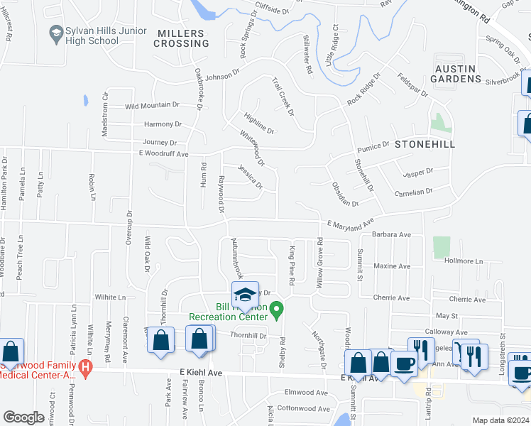 map of restaurants, bars, coffee shops, grocery stores, and more near 2221 East Maryland Avenue in Sherwood