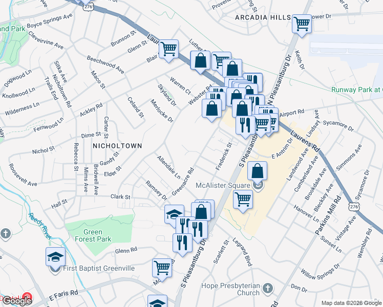 map of restaurants, bars, coffee shops, grocery stores, and more near 5 Copeland Court in Greenville