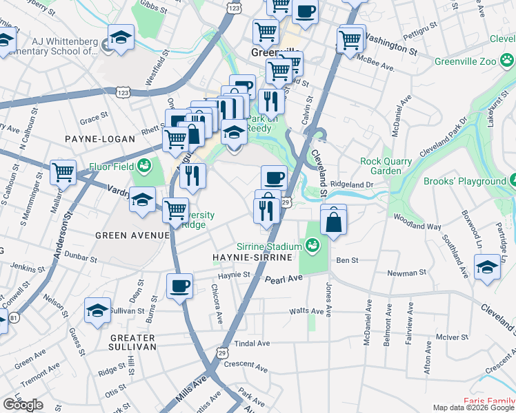 map of restaurants, bars, coffee shops, grocery stores, and more near 301-367 University Ridge in Greenville