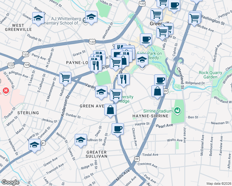 map of restaurants, bars, coffee shops, grocery stores, and more near 12 Bradshaw Street in Greenville