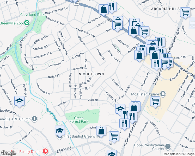 map of restaurants, bars, coffee shops, grocery stores, and more near 239 Elder Street in Greenville
