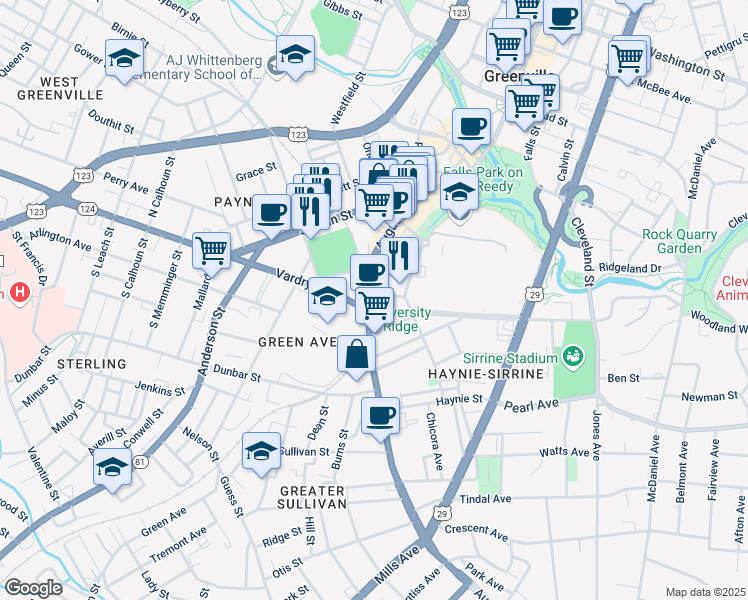 map of restaurants, bars, coffee shops, grocery stores, and more near 12 Bradshaw Street in Greenville