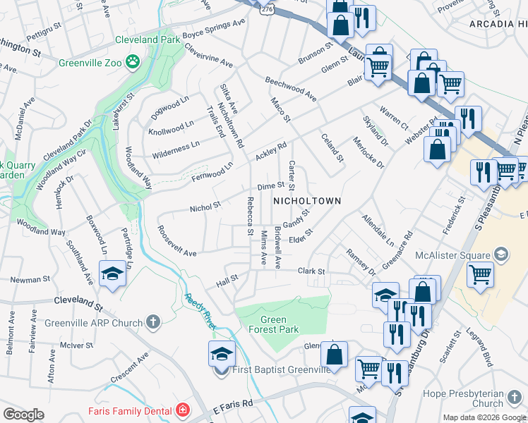 map of restaurants, bars, coffee shops, grocery stores, and more near 13 Chaney Street in Greenville