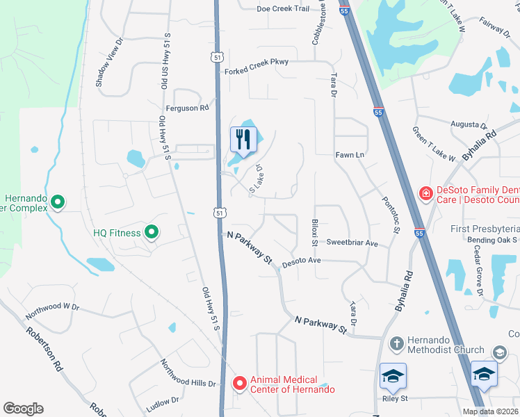 map of restaurants, bars, coffee shops, grocery stores, and more near 1351 Villagewood Drive in Hernando