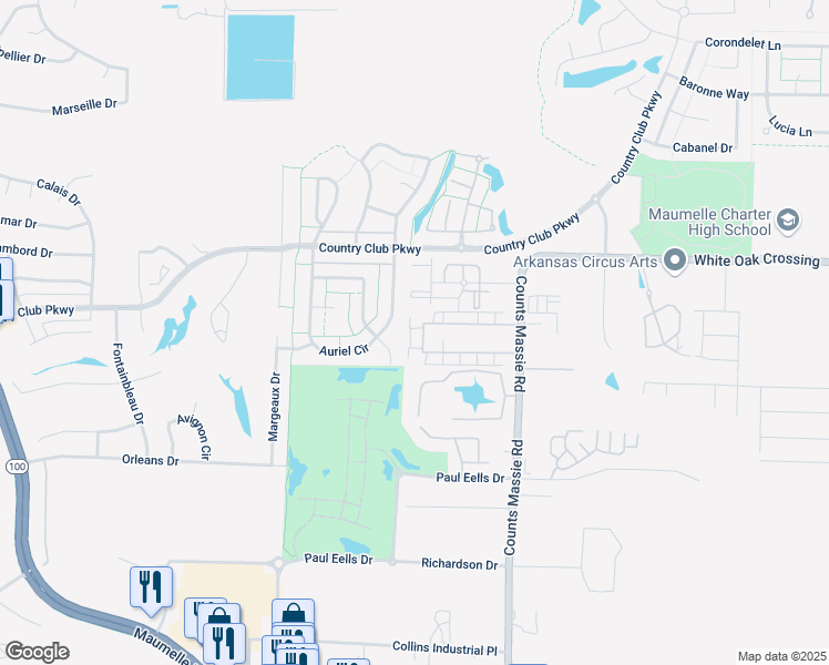 map of restaurants, bars, coffee shops, grocery stores, and more near 10900 Frenchmen Loop in North Little Rock