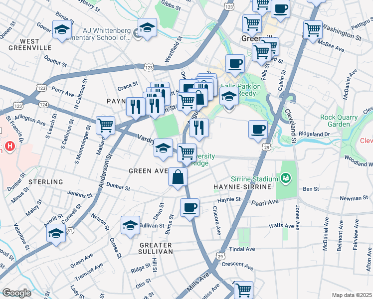 map of restaurants, bars, coffee shops, grocery stores, and more near 300 Augusta Street in Greenville