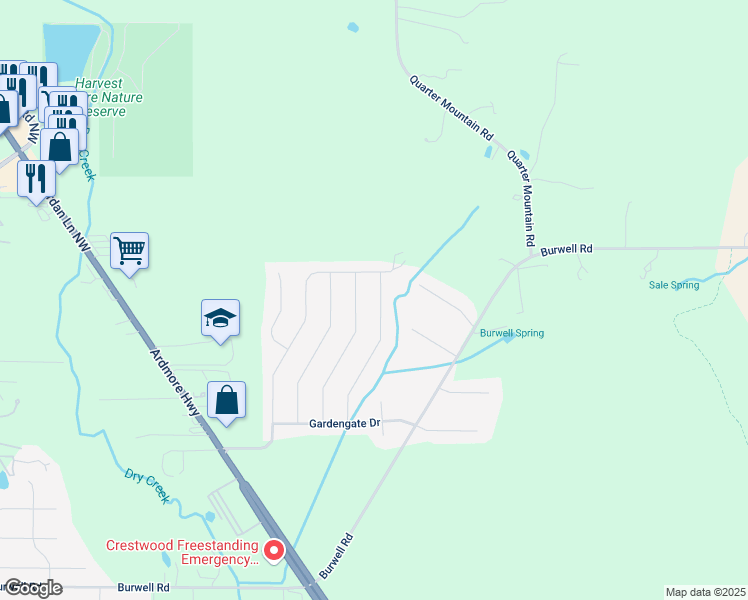 map of restaurants, bars, coffee shops, grocery stores, and more near 114 BrookLawn Drive in Harvest