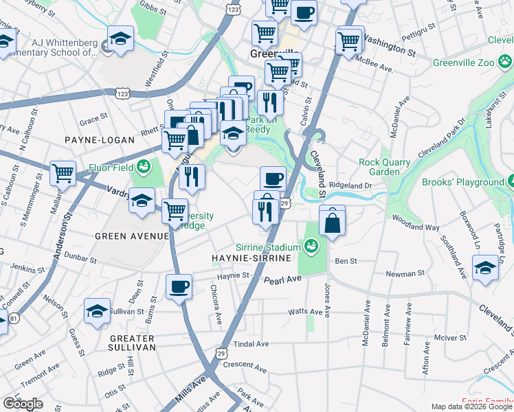 map of restaurants, bars, coffee shops, grocery stores, and more near 301-367 University Ridge in Greenville