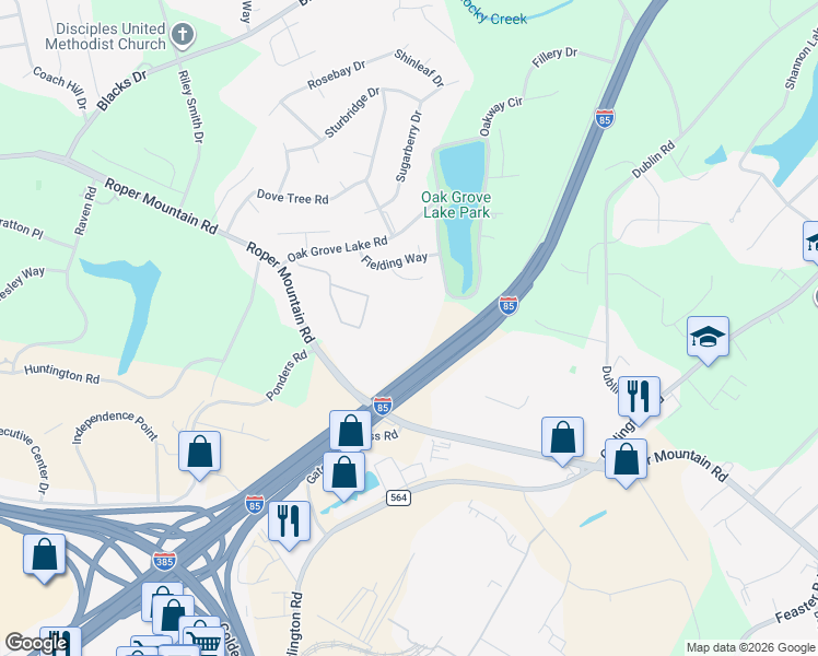 map of restaurants, bars, coffee shops, grocery stores, and more near 1101 Roper Mountain Road in Greenville