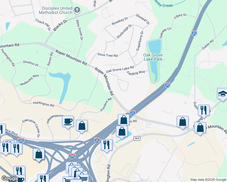 map of restaurants, bars, coffee shops, grocery stores, and more near 1119 Roper Mountain Road in Greenville
