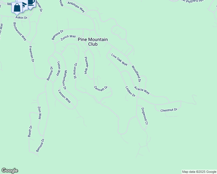 map of restaurants, bars, coffee shops, grocery stores, and more near 1317 Zermatt Court in Pine Mountain Club