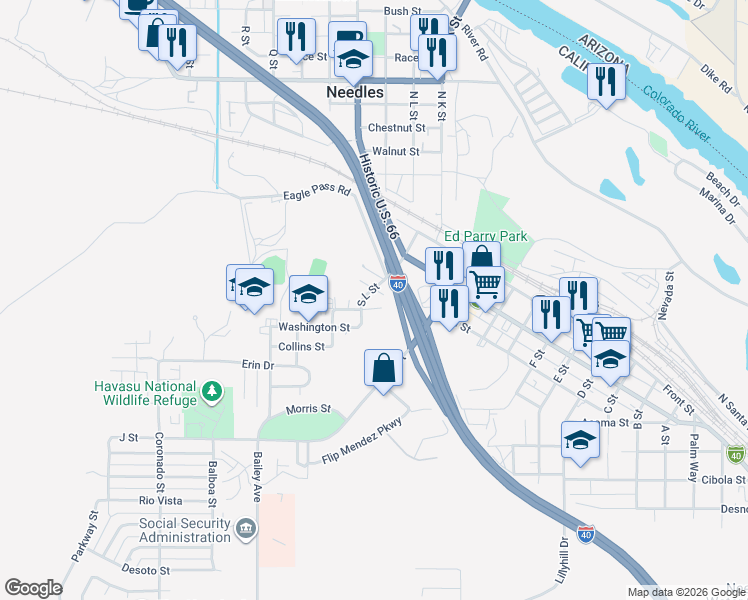 map of restaurants, bars, coffee shops, grocery stores, and more near 1495 Highland Avenue in Needles