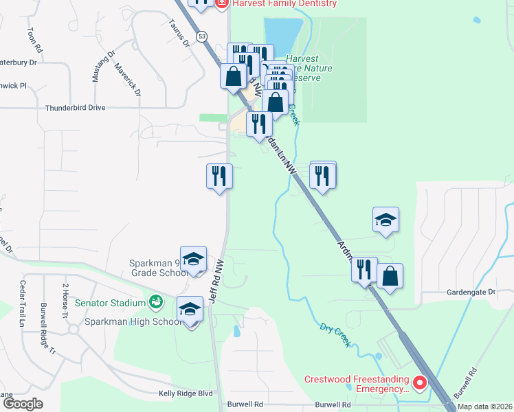 map of restaurants, bars, coffee shops, grocery stores, and more near 2819 Jeff Road Northwest in Harvest