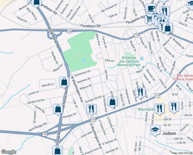 map of restaurants, bars, coffee shops, grocery stores, and more near 111 Jasmine Drive in Greenville