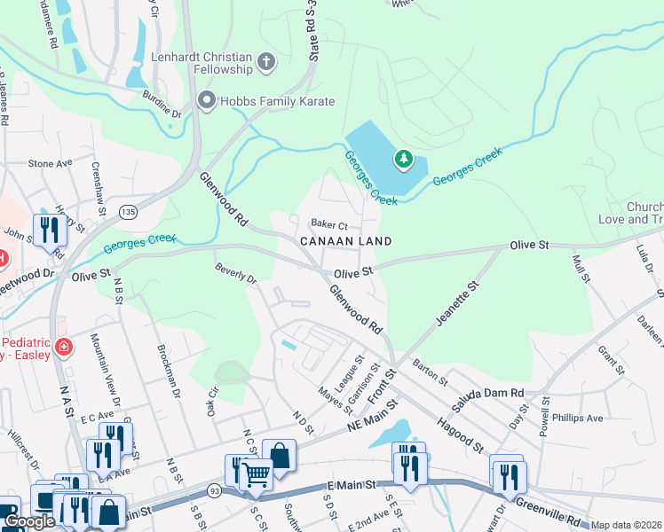 map of restaurants, bars, coffee shops, grocery stores, and more near 368 Olive Street in Easley