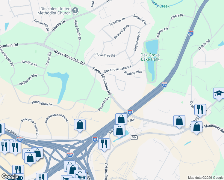 map of restaurants, bars, coffee shops, grocery stores, and more near 1119 Roper Mountain Road in Greenville