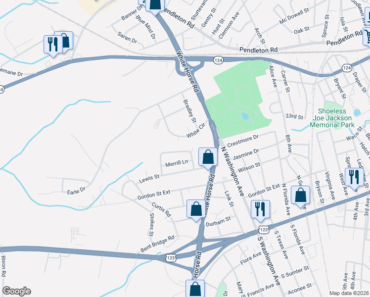 map of restaurants, bars, coffee shops, grocery stores, and more near 121 Stegall Circle in Greenville