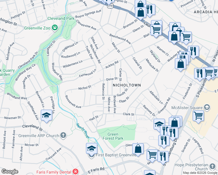 map of restaurants, bars, coffee shops, grocery stores, and more near 13 Chaney Street in Greenville