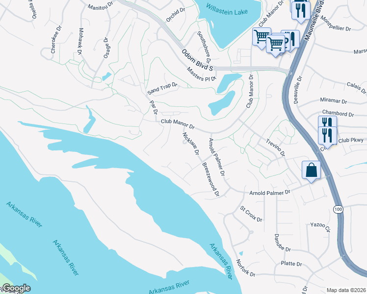 map of restaurants, bars, coffee shops, grocery stores, and more near 9 Nicklaus Loop in Maumelle
