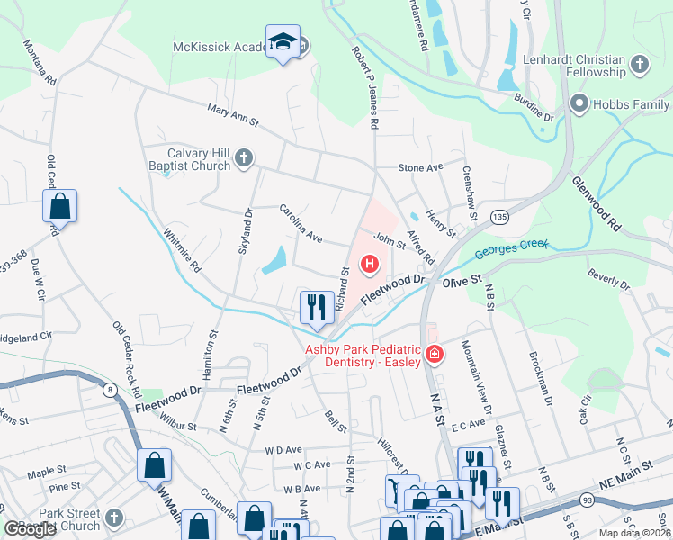 map of restaurants, bars, coffee shops, grocery stores, and more near 301 Maryland Avenue in Easley