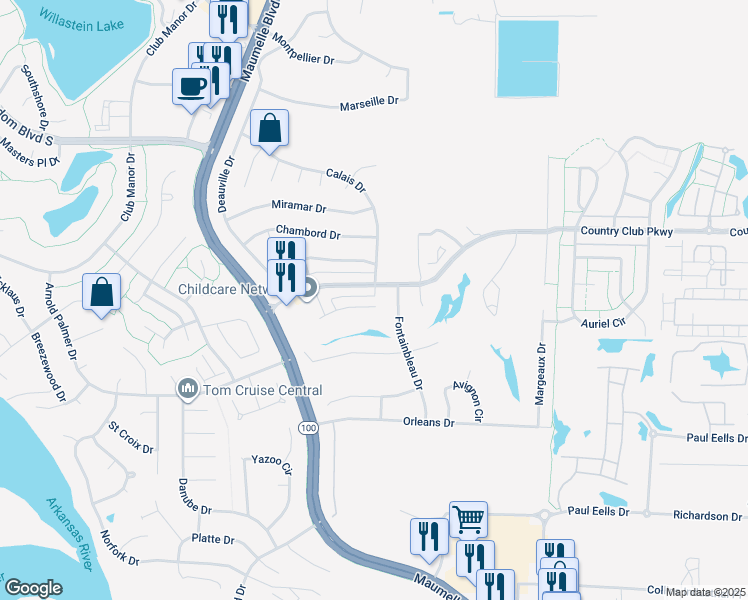 map of restaurants, bars, coffee shops, grocery stores, and more near 222 Chantilly Circle in Maumelle