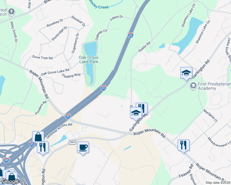 map of restaurants, bars, coffee shops, grocery stores, and more near 1409 Roper Mountain Road in Greenville