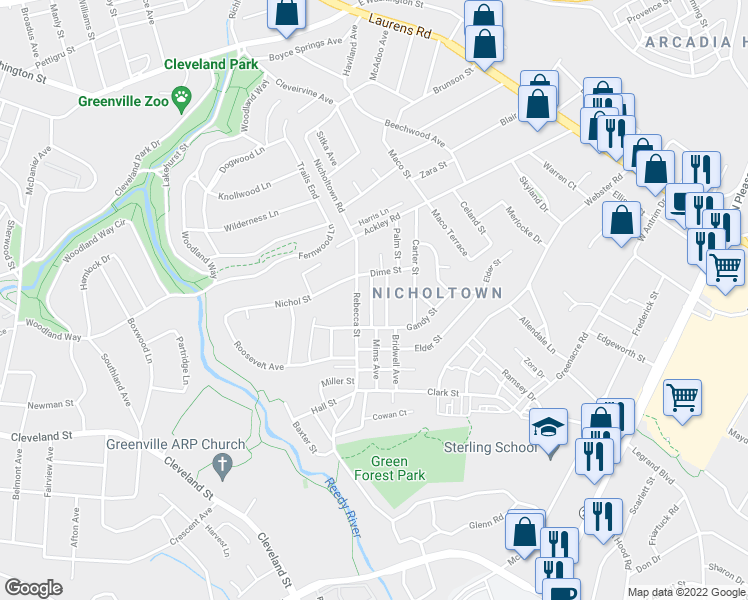 map of restaurants, bars, coffee shops, grocery stores, and more near 13 Chaney Street in Greenville