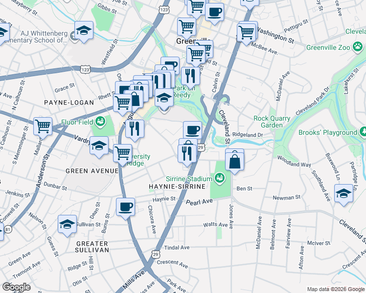 map of restaurants, bars, coffee shops, grocery stores, and more near 301-367 University Ridge in Greenville