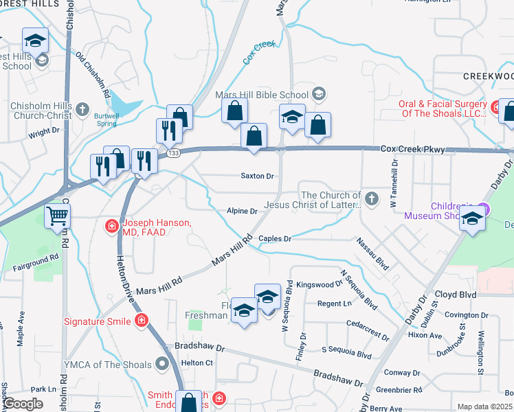 map of restaurants, bars, coffee shops, grocery stores, and more near 2005 Alpine Drive in Florence