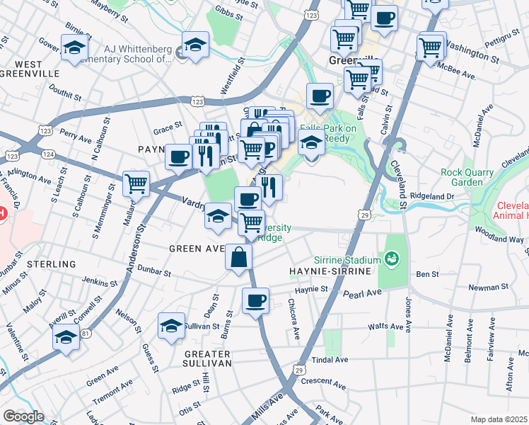 map of restaurants, bars, coffee shops, grocery stores, and more near 12 Bradshaw Street in Greenville