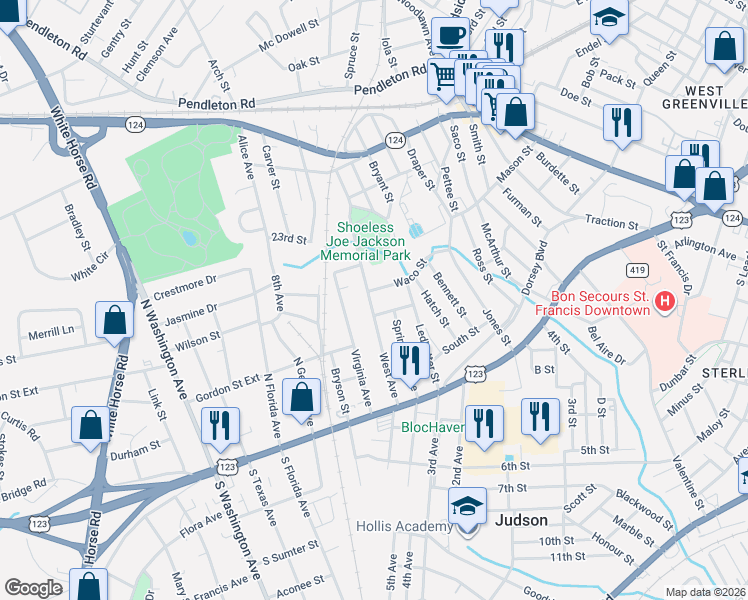 map of restaurants, bars, coffee shops, grocery stores, and more near 102 West Avenue in Greenville