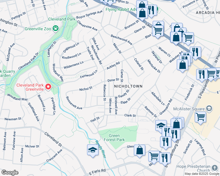 map of restaurants, bars, coffee shops, grocery stores, and more near 13 Chaney Street in Greenville