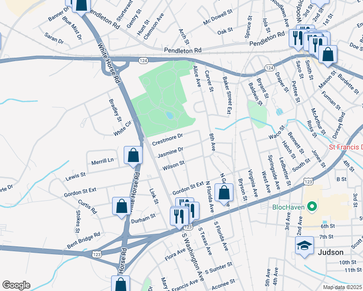 map of restaurants, bars, coffee shops, grocery stores, and more near 204 Jasmine Drive in Greenville