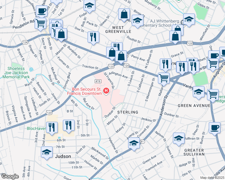 map of restaurants, bars, coffee shops, grocery stores, and more near 300 Saint Francis Drive in Greenville