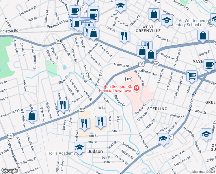map of restaurants, bars, coffee shops, grocery stores, and more near 12 Andrews Street in Greenville