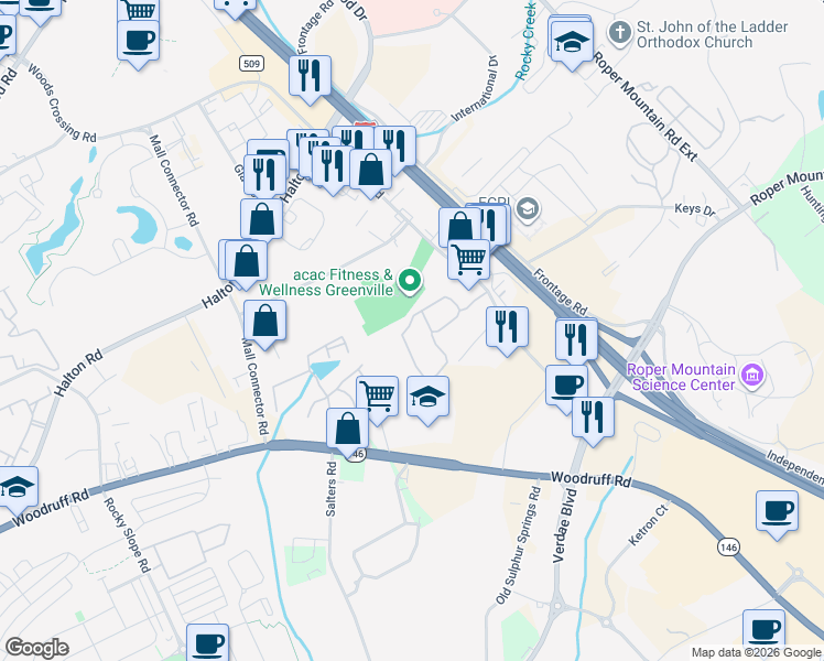 map of restaurants, bars, coffee shops, grocery stores, and more near 732 Gloucester Ferry Road in Greenville