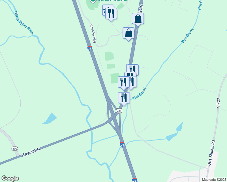 map of restaurants, bars, coffee shops, grocery stores, and more near 6204 U.S. 221 in Roebuck