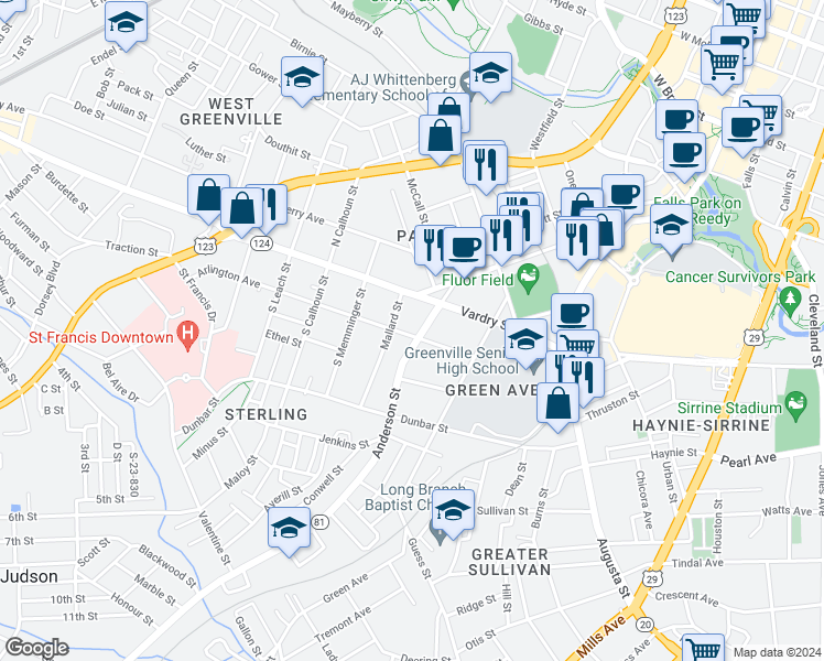 map of restaurants, bars, coffee shops, grocery stores, and more near 200 Arlington Avenue in Greenville