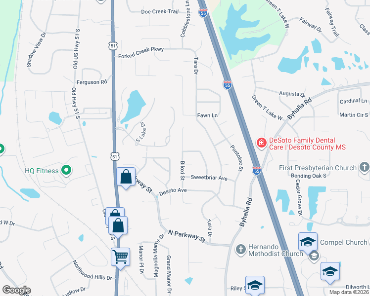 map of restaurants, bars, coffee shops, grocery stores, and more near 1357 Biloxi Street in Hernando
