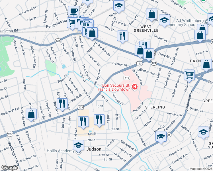 map of restaurants, bars, coffee shops, grocery stores, and more near 12 Andrews Street in Greenville