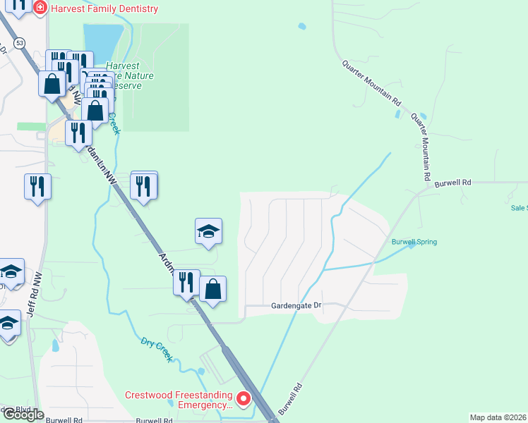 map of restaurants, bars, coffee shops, grocery stores, and more near 307 Fenrose Drive in Harvest
