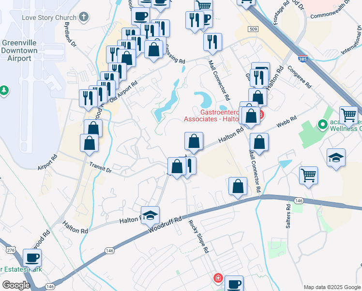 map of restaurants, bars, coffee shops, grocery stores, and more near 352 Halton Road in Greenville