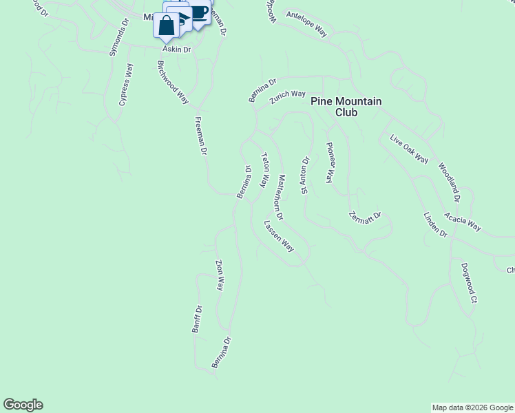 map of restaurants, bars, coffee shops, grocery stores, and more near 1816 Freeman Drive in Pine Mountain Club