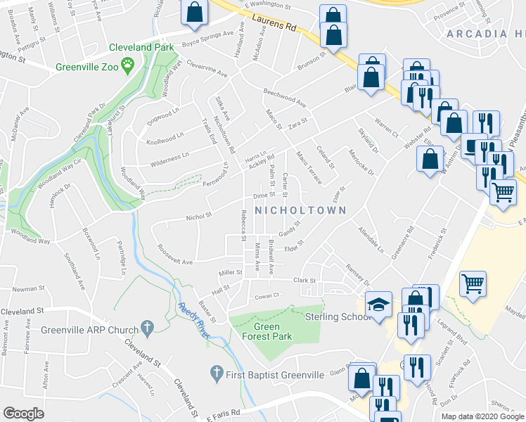 map of restaurants, bars, coffee shops, grocery stores, and more near 13 Chaney Street in Greenville