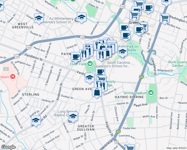 map of restaurants, bars, coffee shops, grocery stores, and more near 300 Augusta Street in Greenville