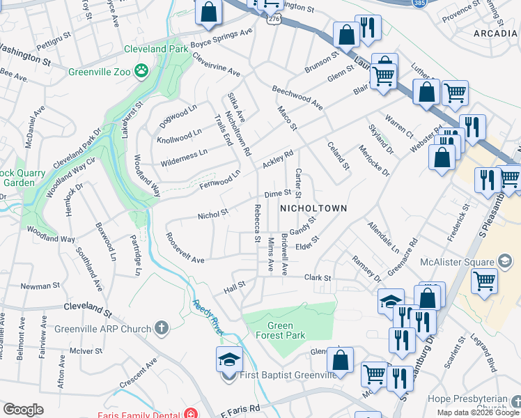 map of restaurants, bars, coffee shops, grocery stores, and more near 119 Rebecca Street in Greenville