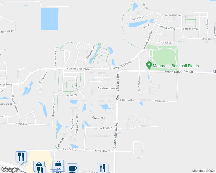 map of restaurants, bars, coffee shops, grocery stores, and more near 11150 Frenchmen Loop in Maumelle