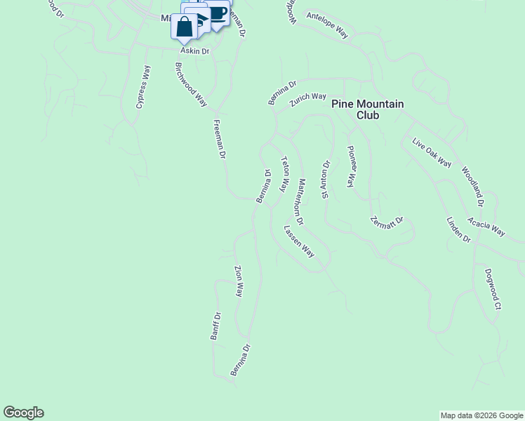map of restaurants, bars, coffee shops, grocery stores, and more near 1816 Bernina Drive in Frazier Park